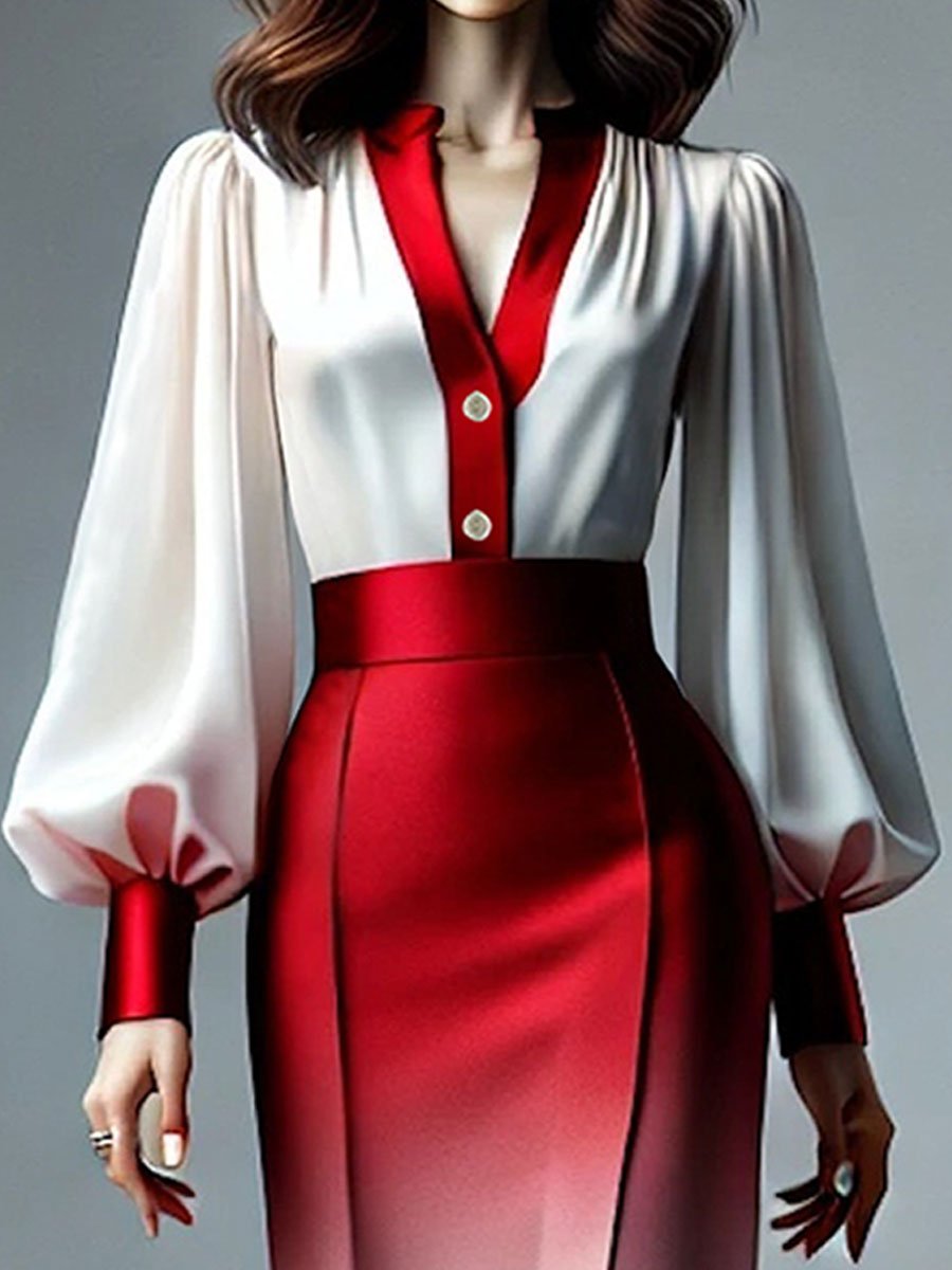 Fashionable Commuter Satin Red And White Gradient Long-Sleeved Shirt And Skirt Set