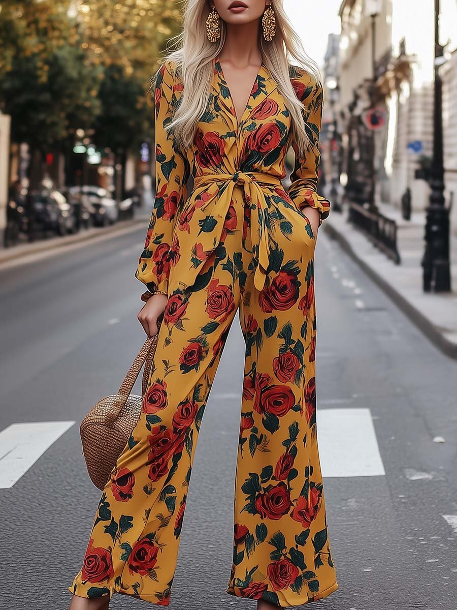 Handsome and Moving V-neck Waist Tie Yellow Floral Print Jumpsuit