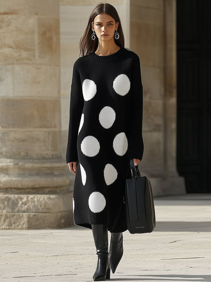 Retro High-End Fashionable Loose Polka Dot Round Neck Knitted Dress