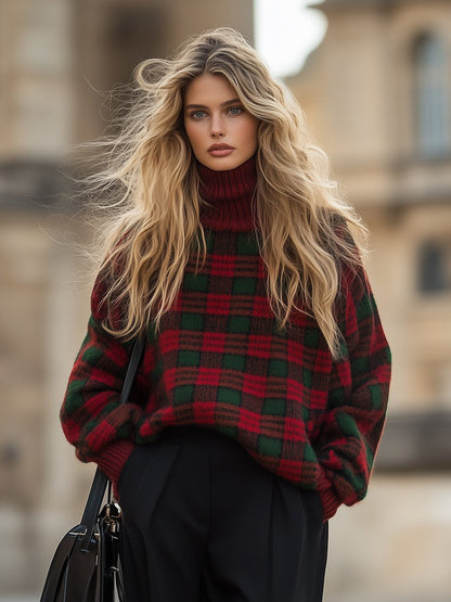 Retro Fashion Casual Loose Plaid Turtleneck Knitted Sweater