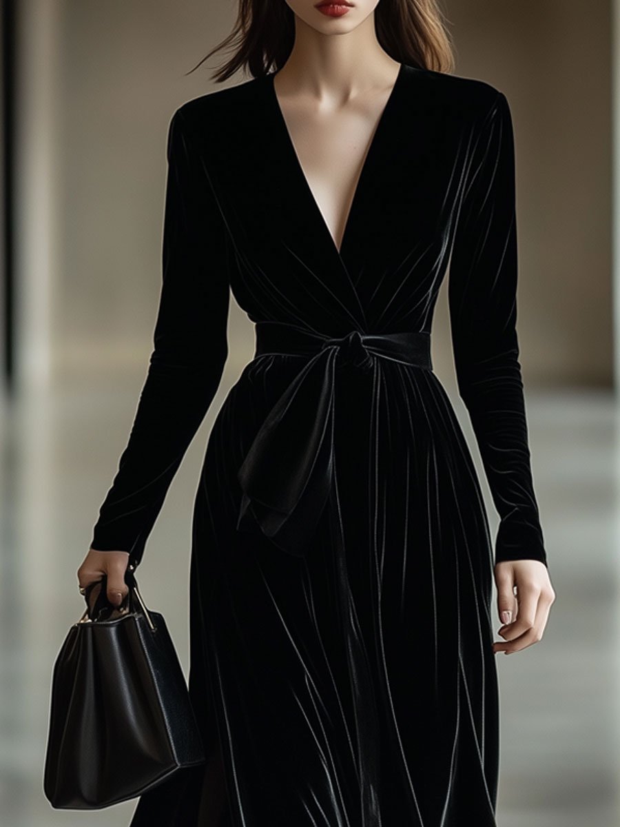 Casual Retro Solid Velvet V-Neck Belted Long Sleeve Maxi Dress