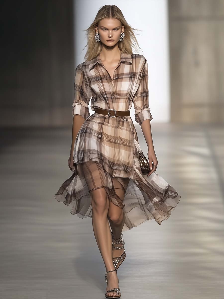 Fashion Mesh Stitching Beige Brown Plaid Print Shirt-style Midi Dress