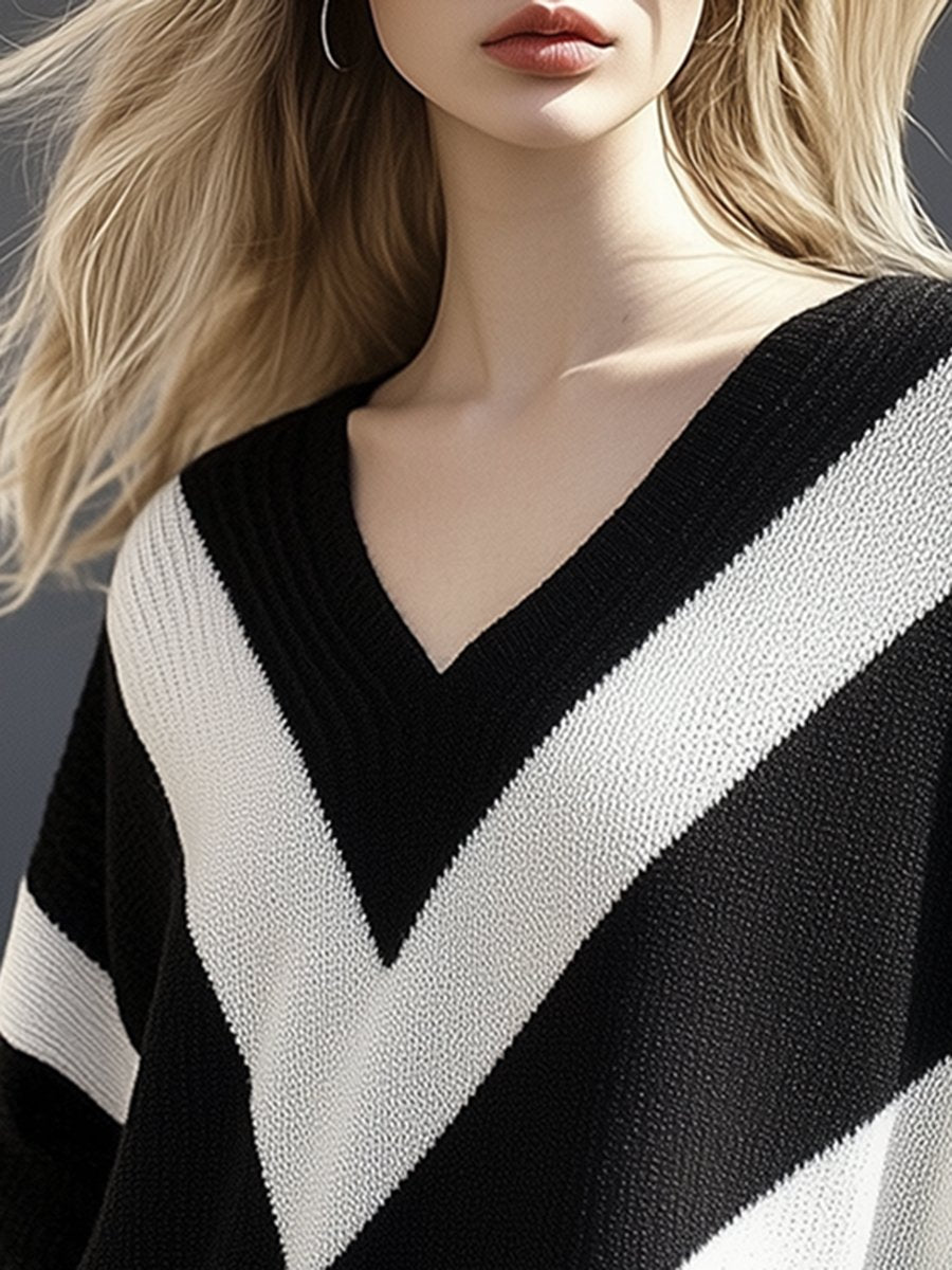 Casual Loose Lazy Style V Striped Knitted Sweater