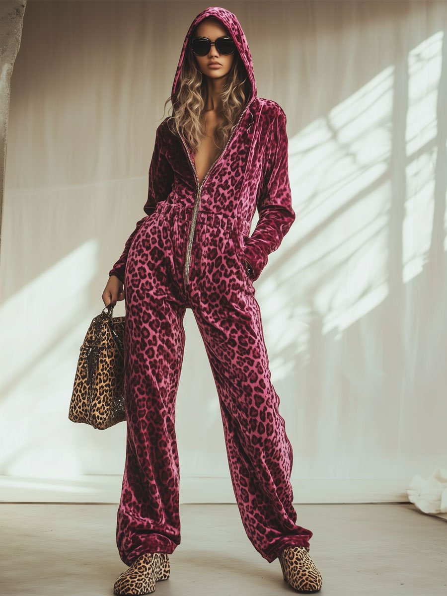 【24-hour shipping】Casual Loose Retro Pink Velvet Leopard Print Elastic Waist Zipper Hooded Jumpsuit