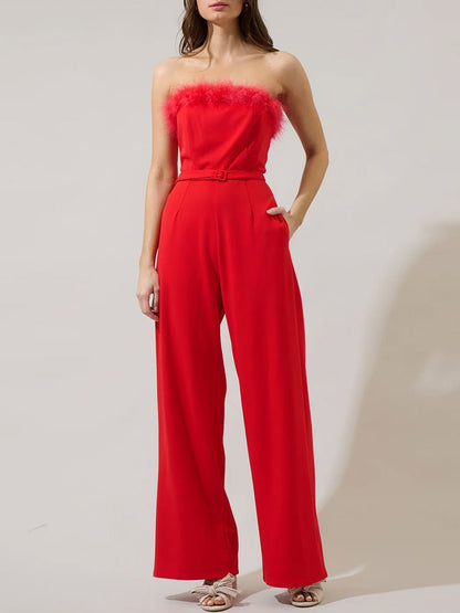 Fashion Retro Red Feather Stitching Lace-Up Sleeveless Wide-Leg Jumpsuit