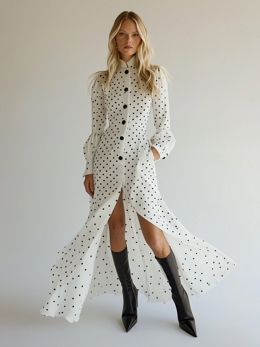 Retro Elegant Small Stand Collar Black Polka Dot White Maxi Dress