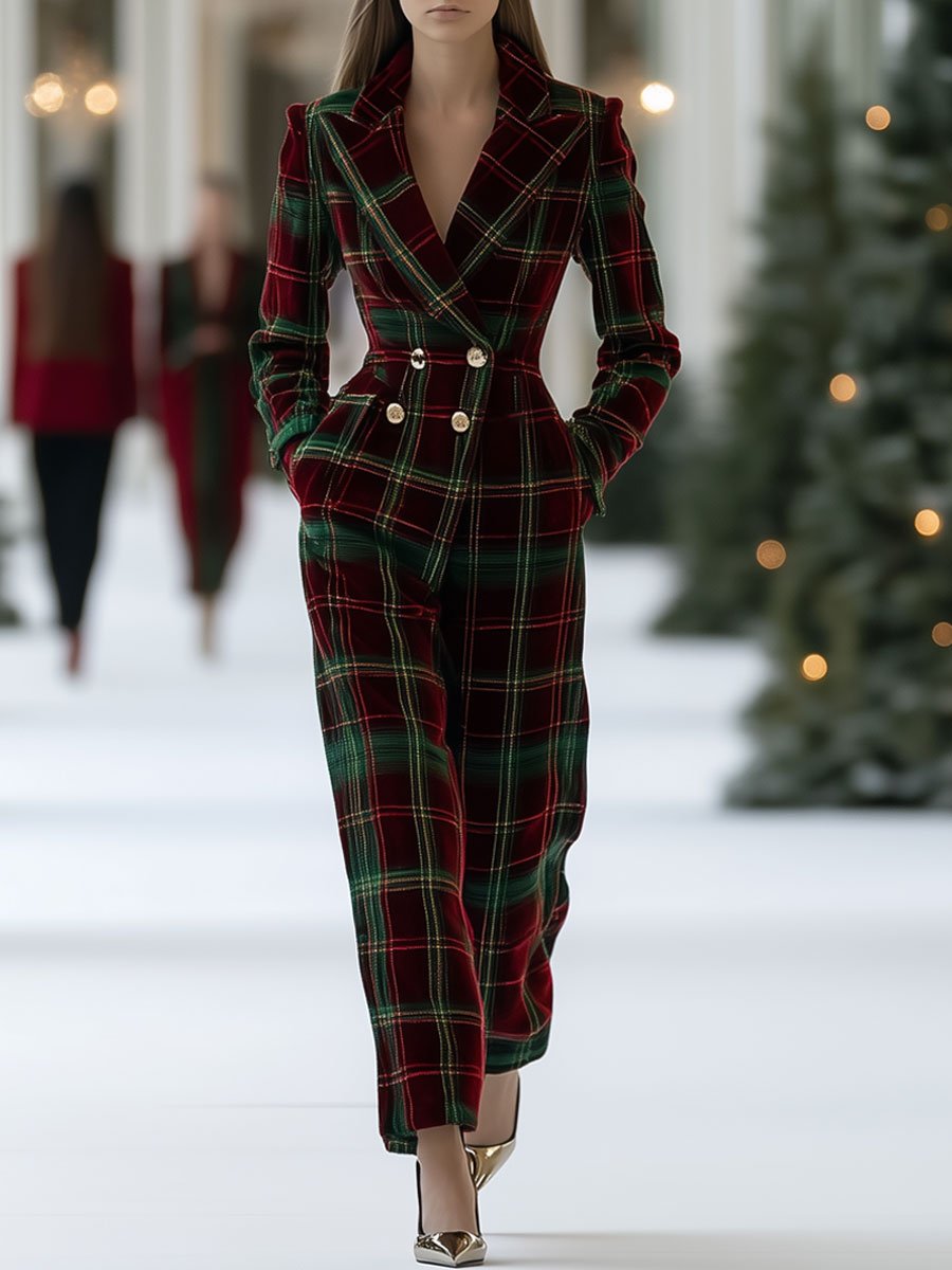 Casual Loose Retro Red And Green Plaid Suit Pants Set