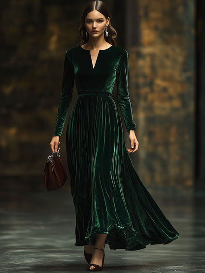 【24-hour shipping】Round V-neck Fashion Party Holiday Solid Color Velvet Long Sleeve Maxi Dress