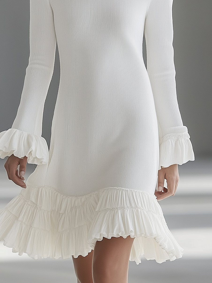 Exquisite White Ruffle Long Sleeve Midi Dress