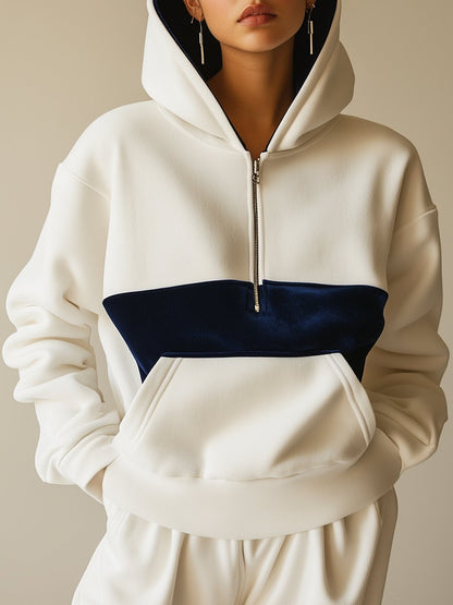 Fashionable Retro Casual Half Zipper Pocket White Hooded Sweatshirt