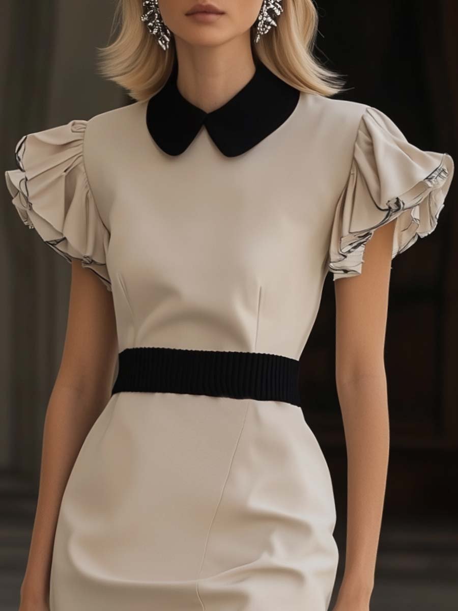 Elegant Lapel Ruffled Short Sleeves Off-white Pencil Midi Dress