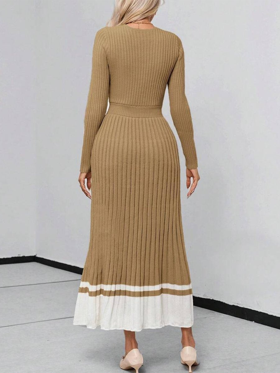 Retro And Fashionable Loose V-Neck Color Matching Khaki Knitted Maxi Dress