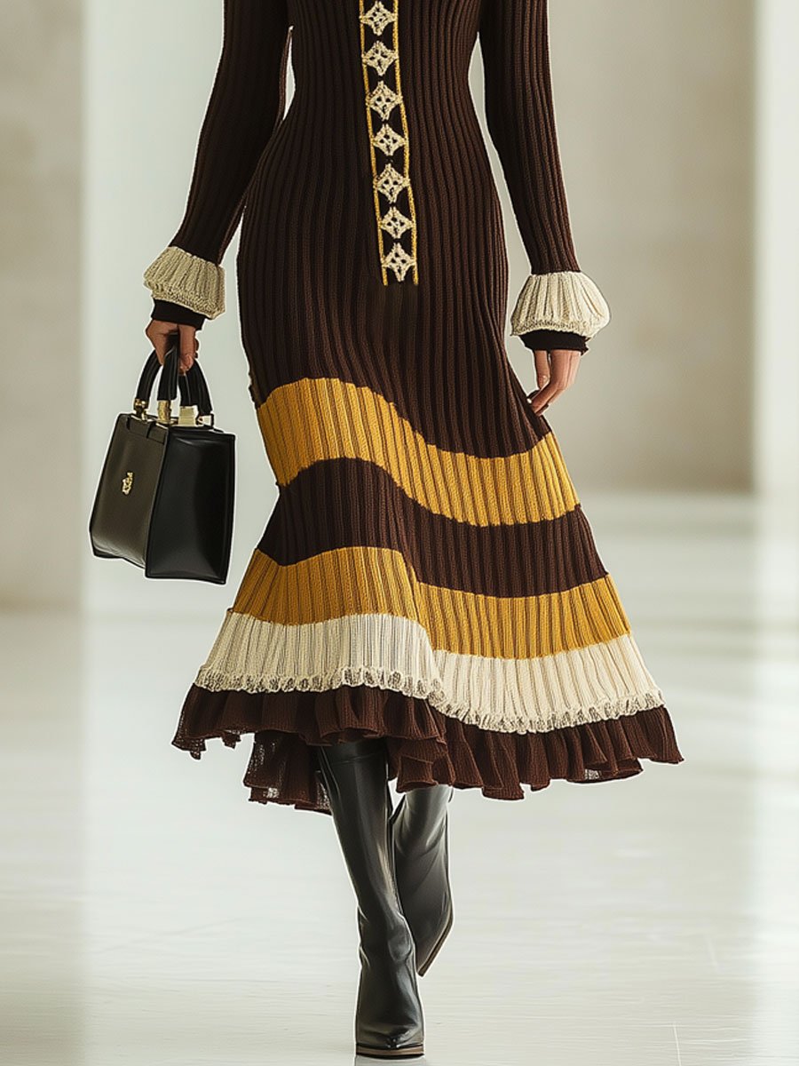 Fashion Loose Retro Striped Colorblock Knitted Long Sleeve Midi Dress