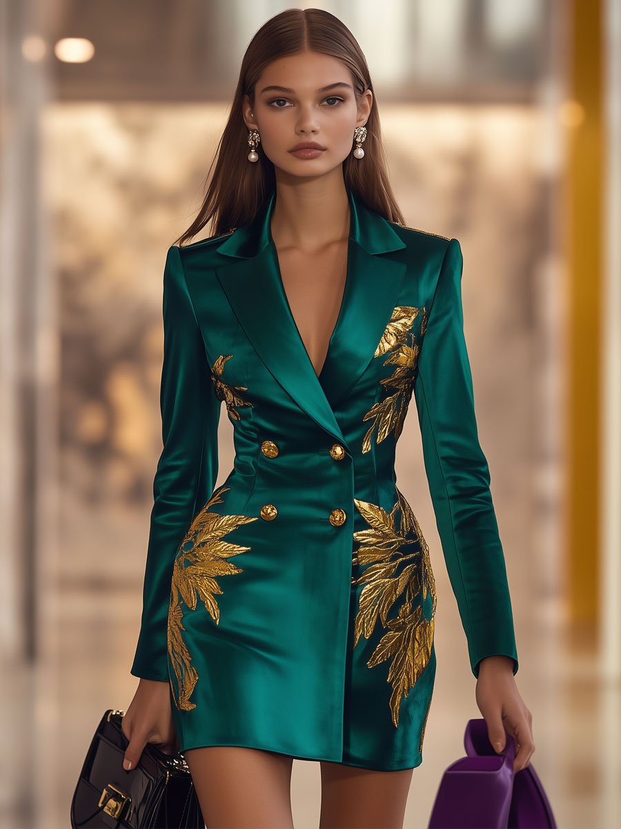 Vintage Gilded Leaf Green Satin Long Sleeve Suit Mini Dress