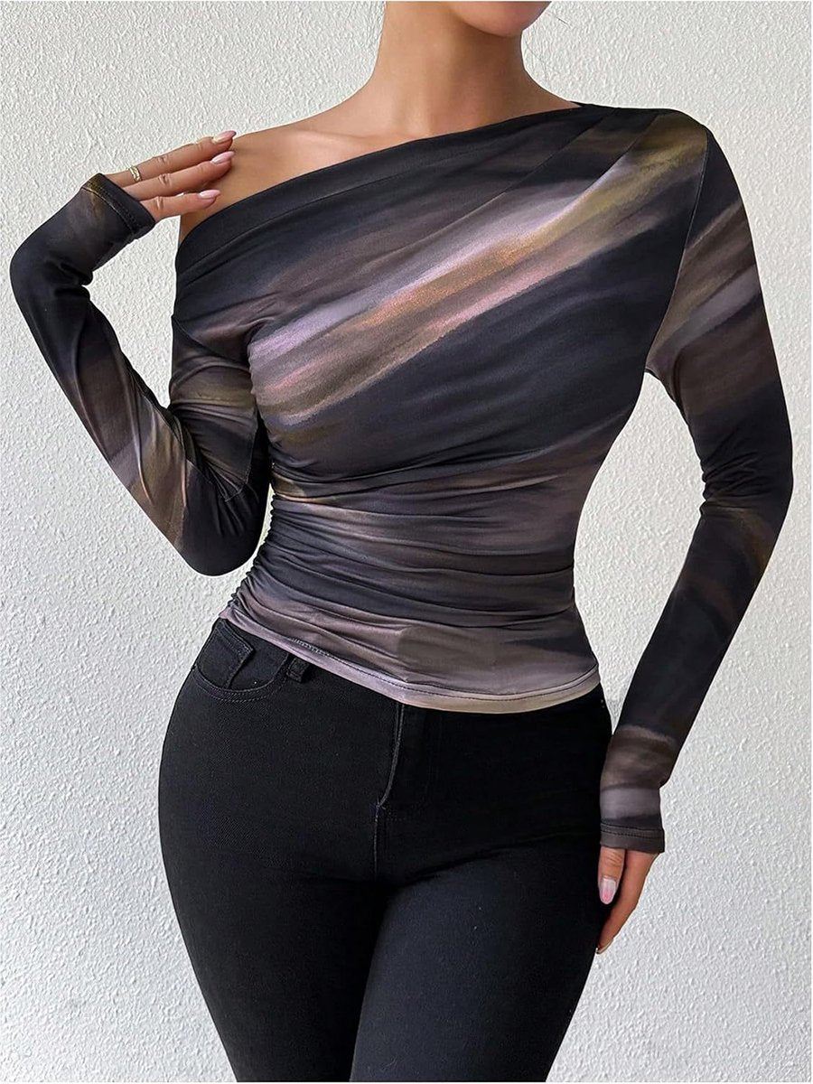 Fashion Tie-Dye Print Asymmetric Ruffle Long Sleeve T-Shirt