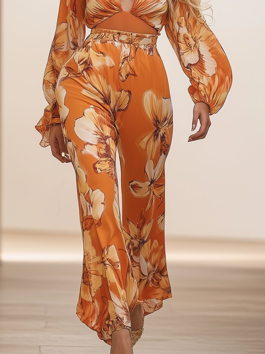 Fashionable and Passionate Suspenders Off-shoulder Orange Chiffon Print Long-sleeved Jumpsuit