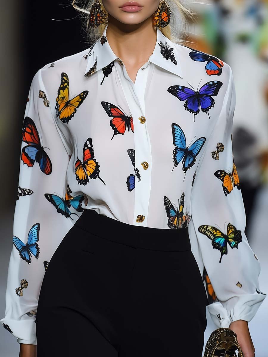 Elegant and Flowing Butterfly Print White Chiffon Shirt