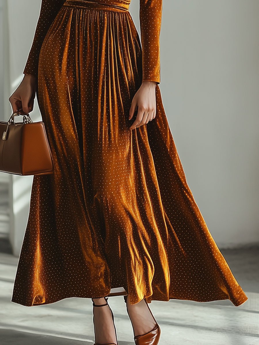 Loose Retro Velvet Polka Dot Round Neck Long Sleeve Maxi Dress