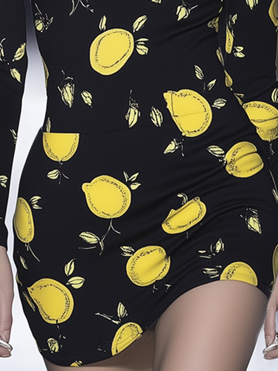 Casual Chic Lemon Print Turtleneck Mini Dress