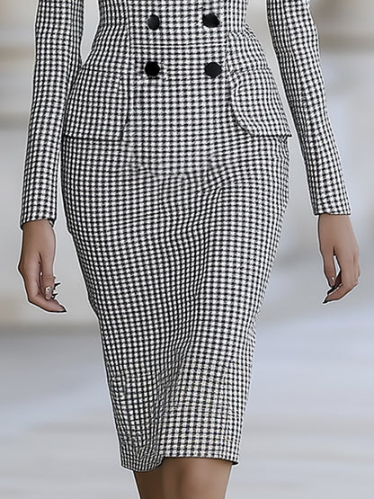 High-End And Fashionable Double-Breasted Houndstooth Midi Dress