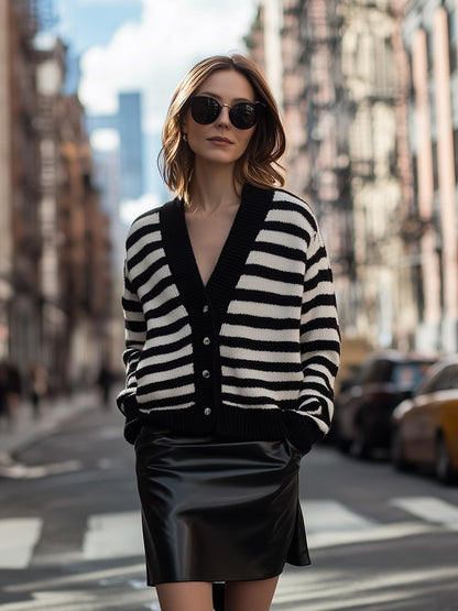 Loose And Slim Lazy Style V-Neck Black And White Striped Long-Sleeved Knitted Cardigan