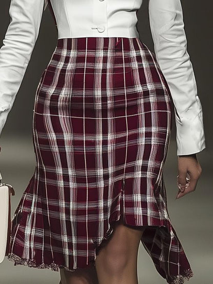 Elegant Lapel Plaid Long Sleeve Midi Dress