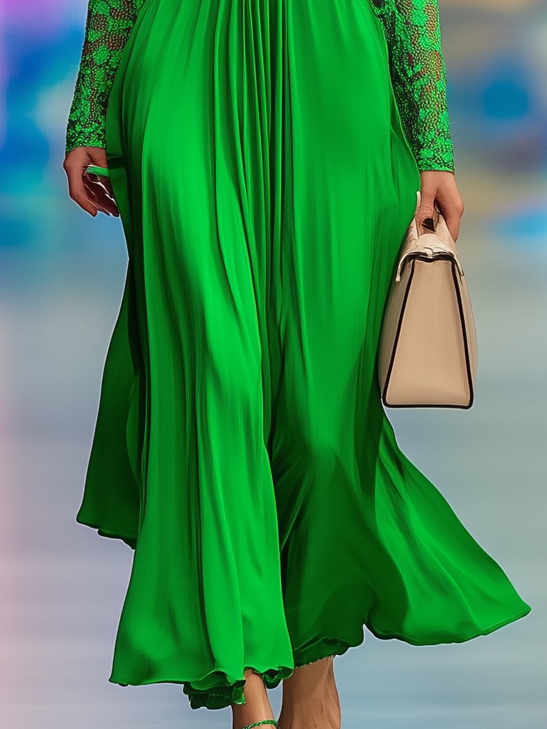 Temperament Lace Stitching Green Long-Sleeved Maxi Dress