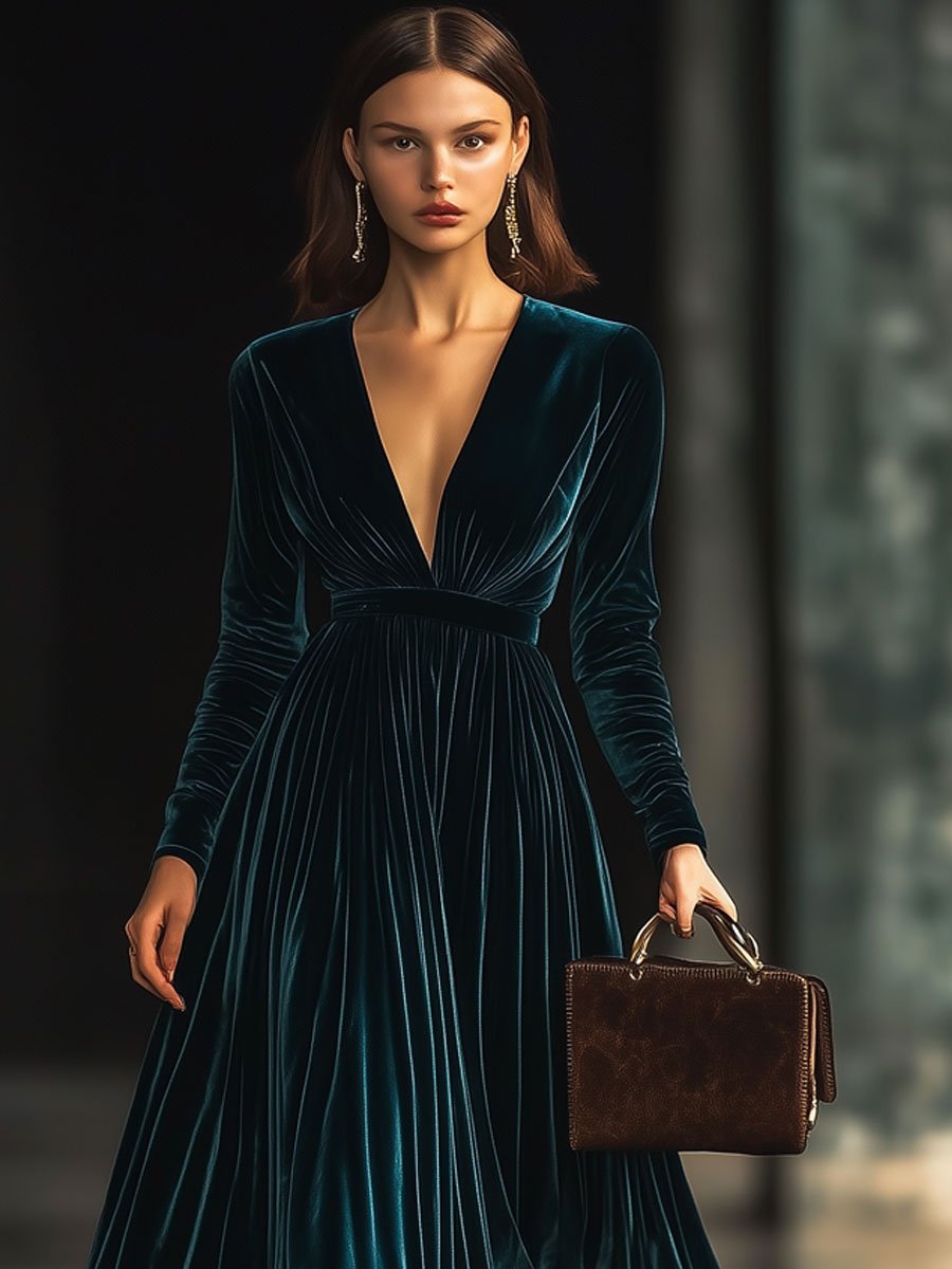 【24-hour shipping】V-Neck Fashion Party Solid Color Velvet Long-Sleeved Maxi Dress