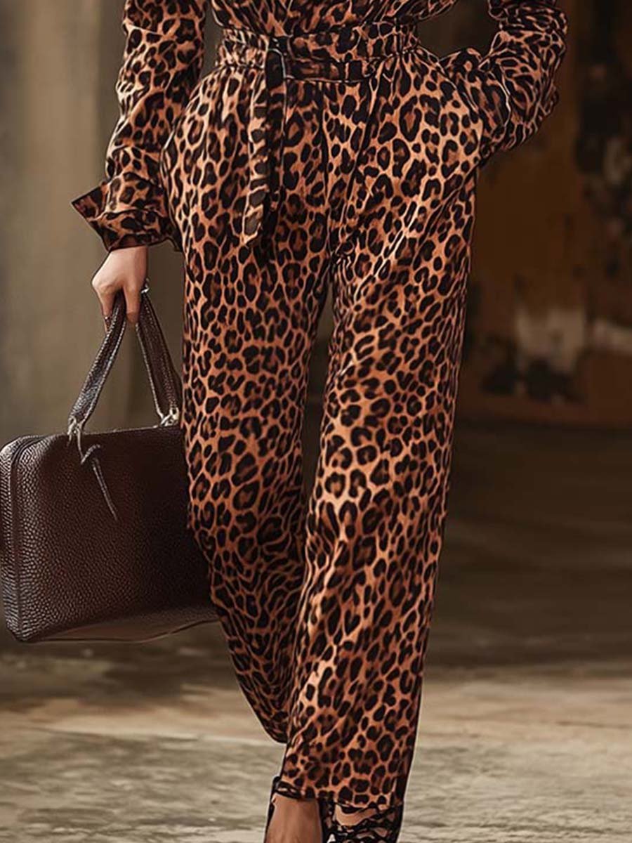 Fashion Retro Lapel Lace-up Leopard Print Jumpsuit