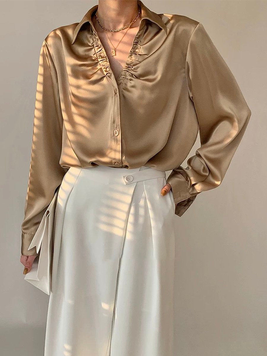 Elegant V-Neck Pleated Satin Long-Sleeved Shirt