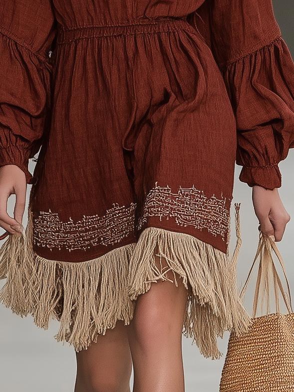 Bohemian Auburn Fringe Long Sleeve Midi Dress