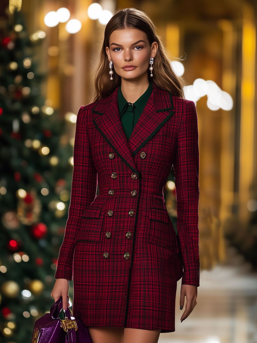 Fashion Retro Red And Green Plaid Suit-Style Double-Breasted Long-Sleeved Mini Dress