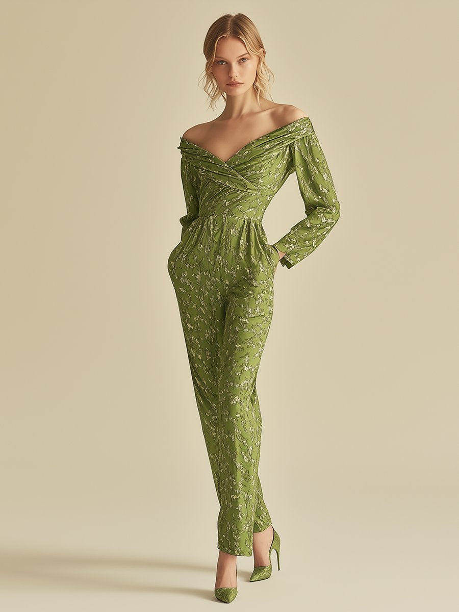 Casual Retro Green Off-shoulder One-shoulder Slim Floral Long-sleeved Jumpsuit