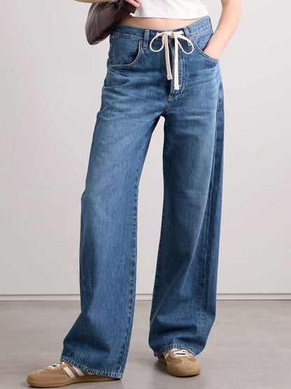 Casual Vintage Elastic Waist Drawstring Straight Jeans