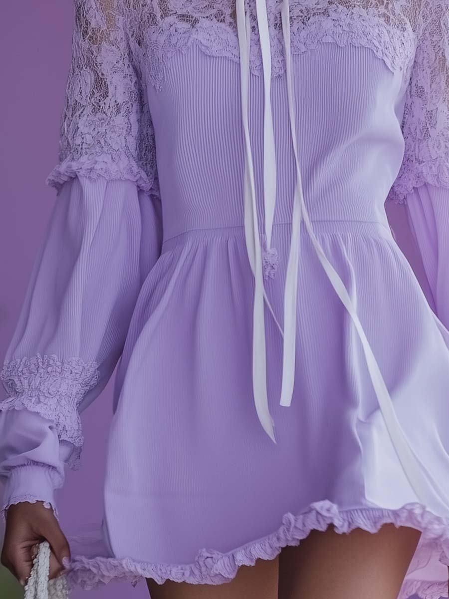 Elegant Lotus Leaf Half High Collar Lace Stitching Lavender Mini Dress