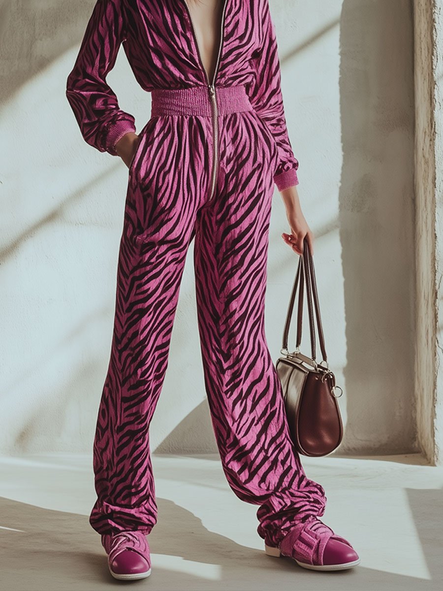 Casual Loose Velvet Zebra Print Zipper Elastic Waist Hooded Jumpsuit