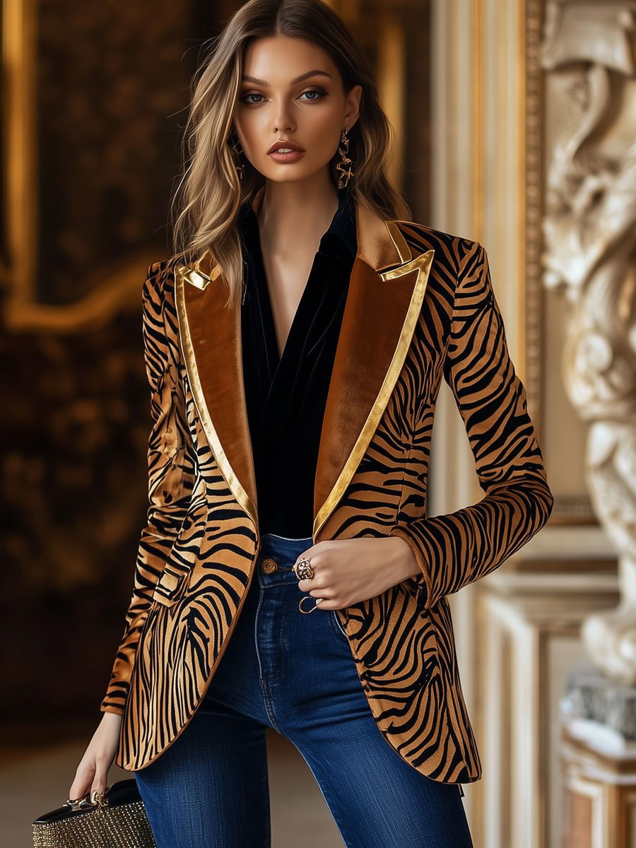 Casual Loose Vintage Velvet Zebra Print Gold Edge Lapel Blazer