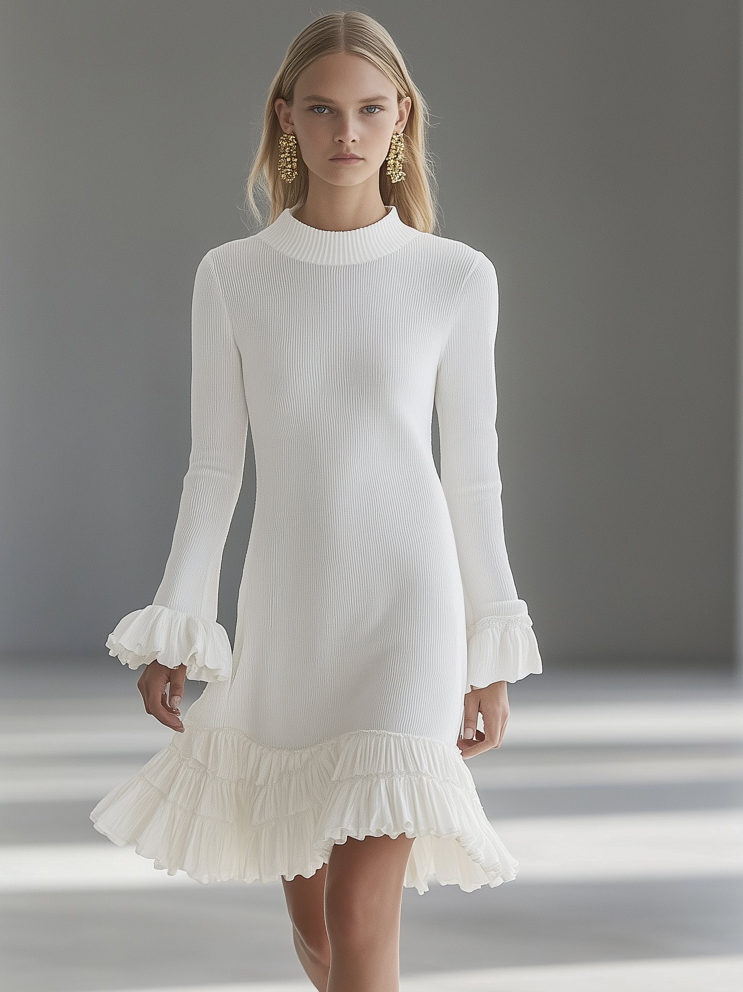 Exquisite White Ruffle Long Sleeve Midi Dress