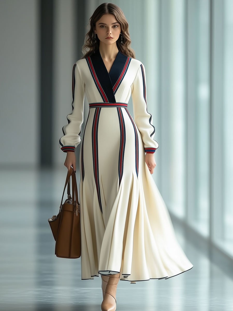 Fashion Retro V-Neck Red And Blue Striped Print Long Sleeve Maxi Dress