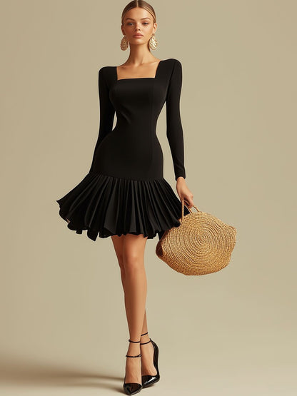 Fashion Party Black Dress Pleated Fishtail Long Sleeve Square Neck Mini Dress