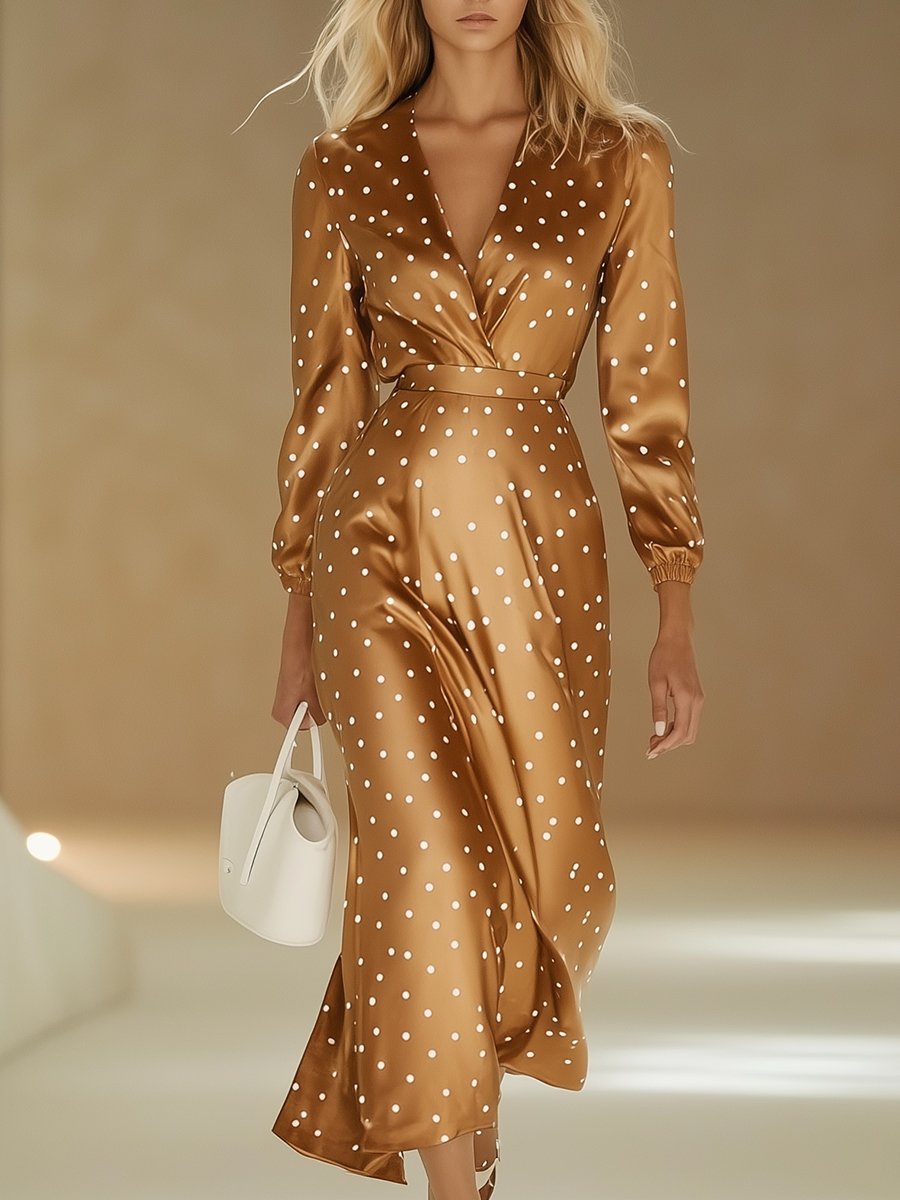 Elegant V-neck Caramel Polka Dot Satin Long Sleeve Maxi Dress