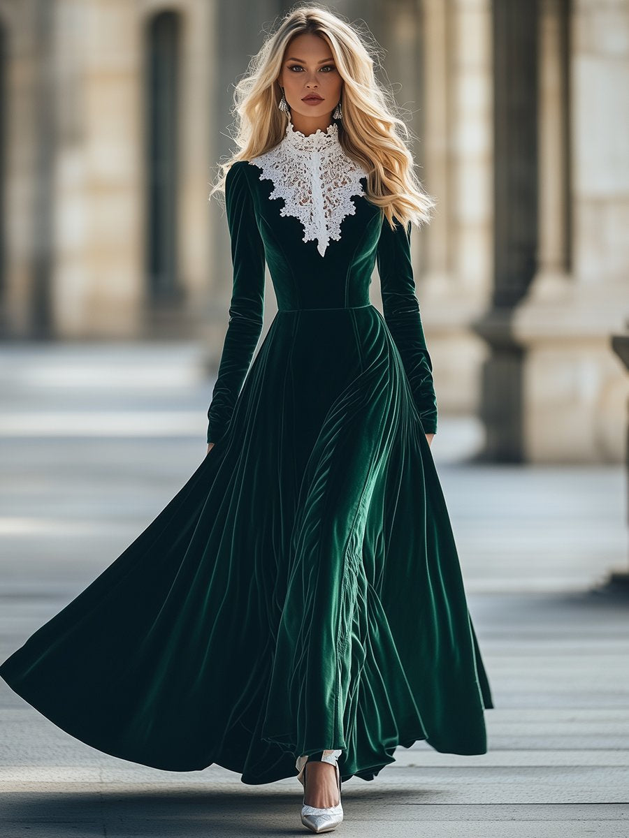 High-End Fashion Splicing Lace Green Velvet Maxi Dress