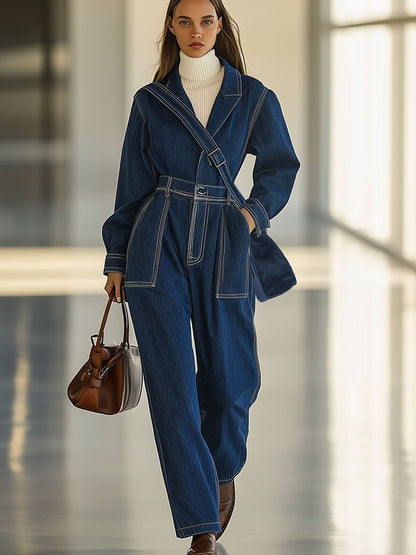 Casual Loose Retro Pocket Topstitched Long Sleeve Denim Jumpsuit