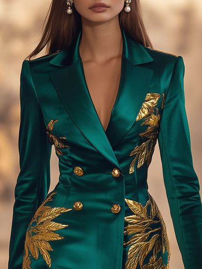 Vintage Gilded Leaf Green Satin Long Sleeve Suit Mini Dress