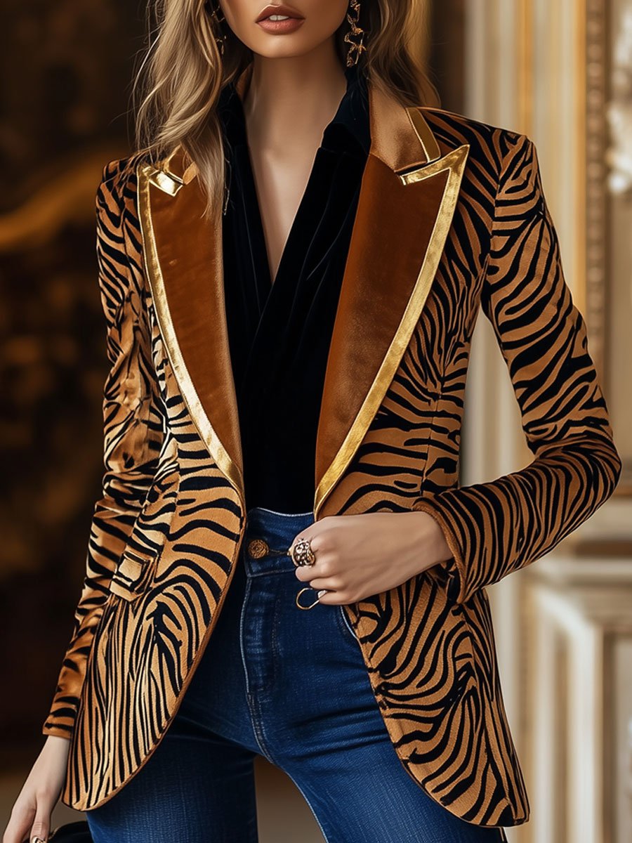 Casual Loose Vintage Velvet Zebra Print Gold Edge Lapel Blazer