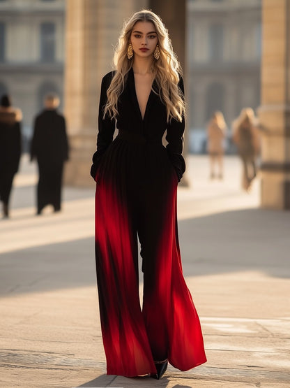 High-End Fashionable Black And Red Tie-Dyed Wide-Leg Jumpsuit