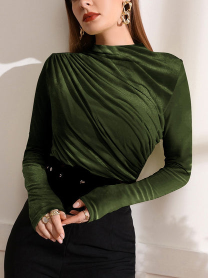 Velvet Pleated Half Turtleneck Long Sleeve Bottoming Shirt