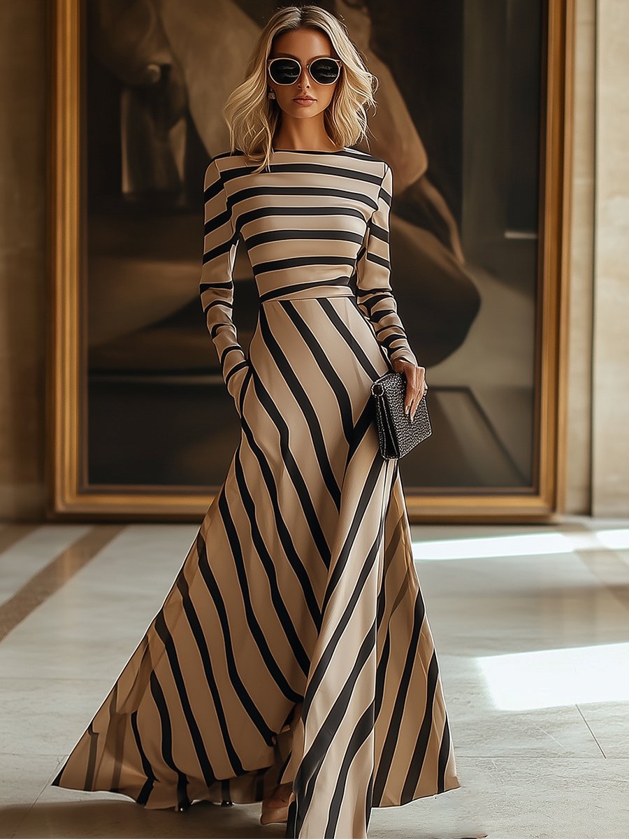 Fashion Slim Striped Khaki Long Sleeve Maxi Dress