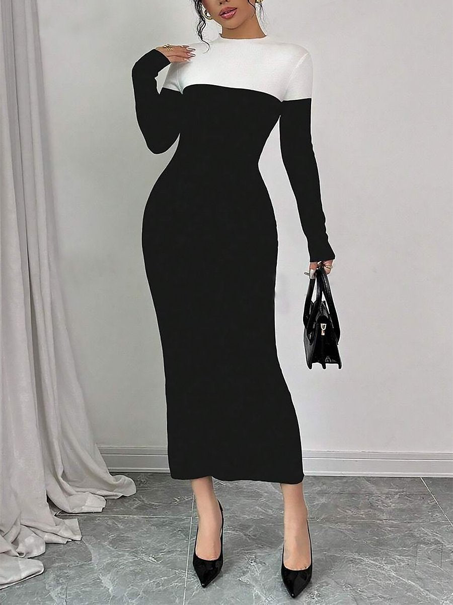 Exquisite And Fashionable Temperament Black And White Color Matching Knitted Midi Dress