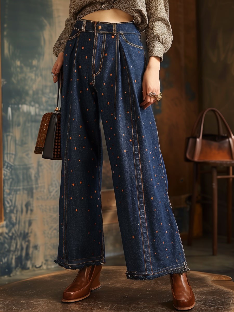 Casual Retro Polka Dot Ink Pocket Wide Leg Jeans